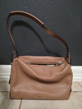 Calvin Klein Cognac Pebbled Leather Shoulder Bag